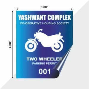 Two-wheeler parking sticker with vehicle number and parking zone details