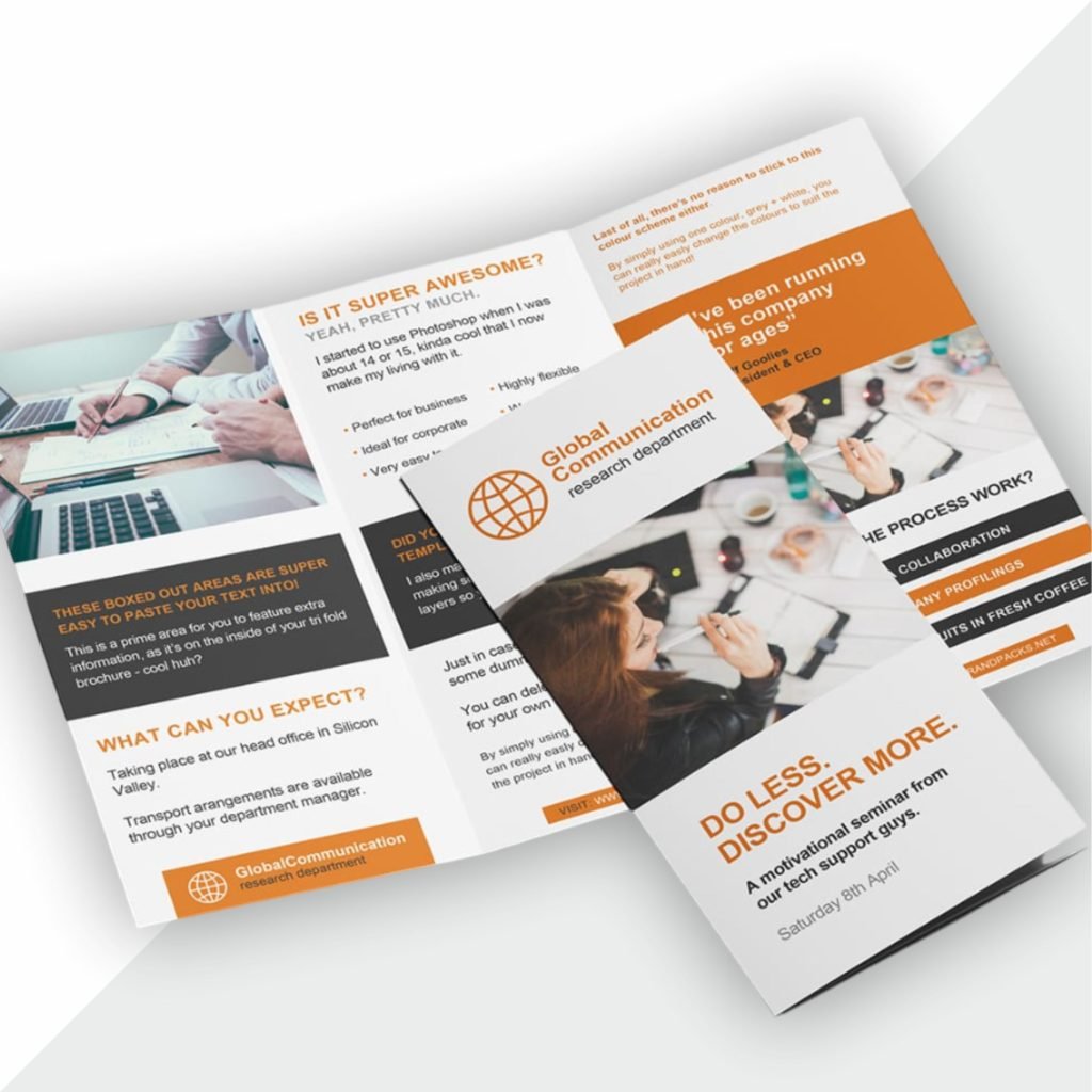 Tri-fold brochure with custom design, ideal for showcasing brand, services, or product information.