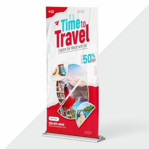 Luxury roll-up standee with sleek aluminum body and chrome finish, ideal for high-end presentations and exhibitions.