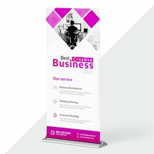 Premium roll-up standee printed on tear-resistant flex media with non-curl finish for durable and impactful visual marketing.