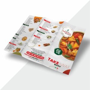 Colorful tri-fold parcel menu with vibrant graphics, designed for restaurants, cafes, and takeaway services.