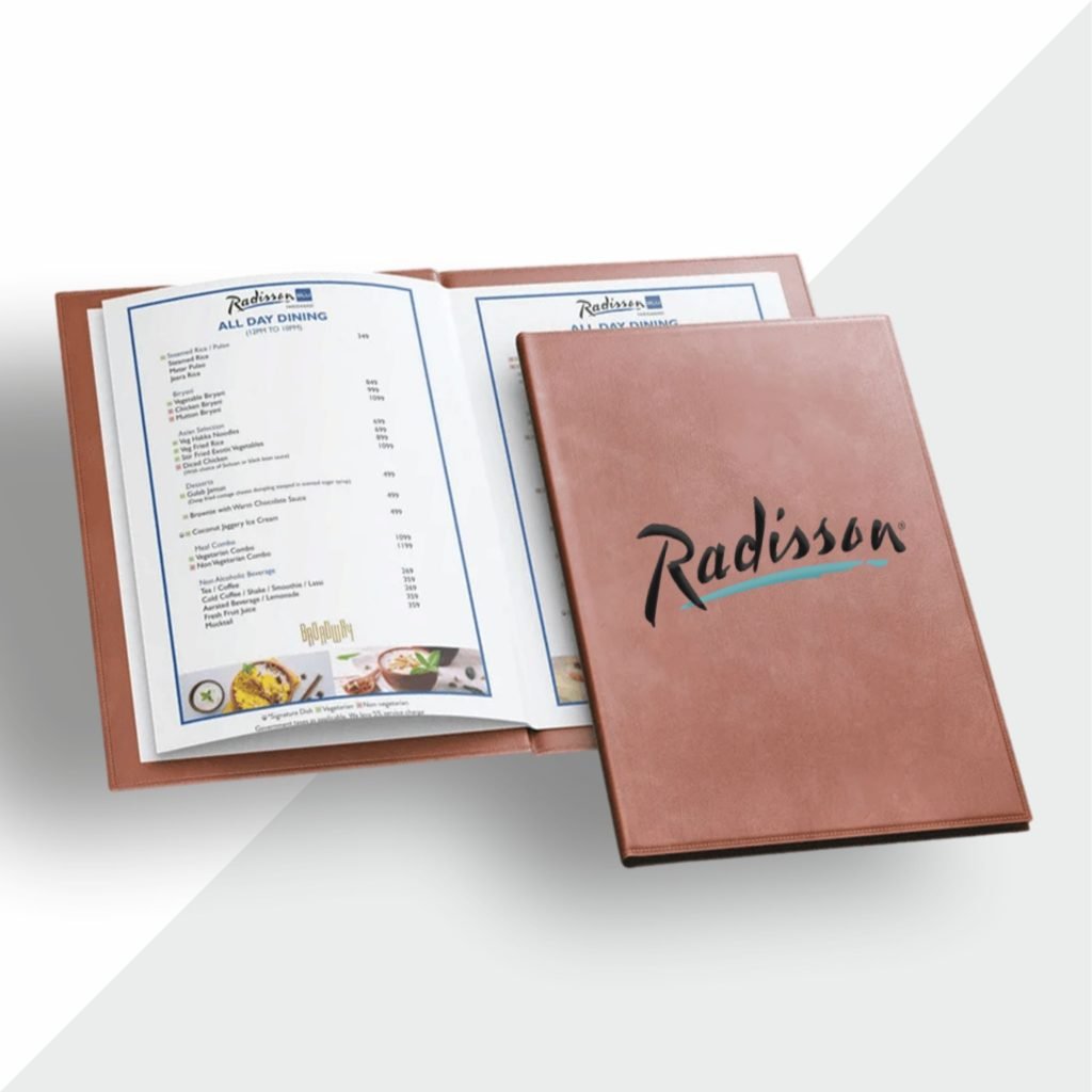 Leather book-style menu card with stitched edges and custom logo, ideal for fine dining restaurants and luxury cafes.